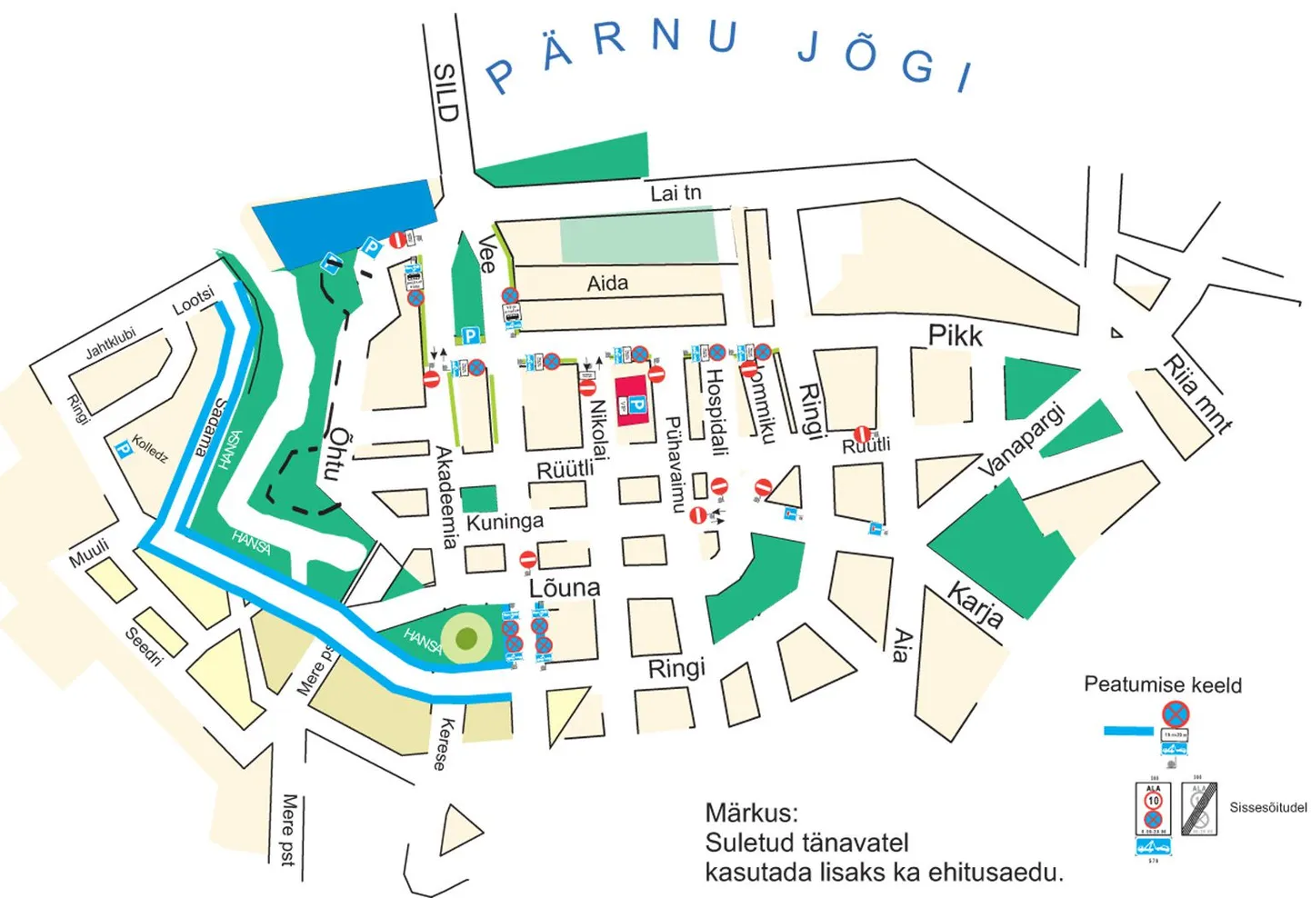 Pärnu kesklinna liiklusskeem hansapäevade ajal 24.-27 juunil.
