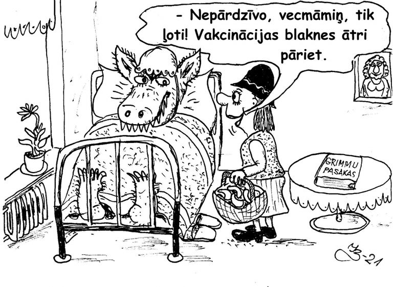 Kādā no savām karikatūrām Indulis Buka "pavilcis uz zoba" iespējamās blaknes, kuras varētu rasties pēc vakcinēšanās pret elpceļu infekcijas slimību Covid-19 .