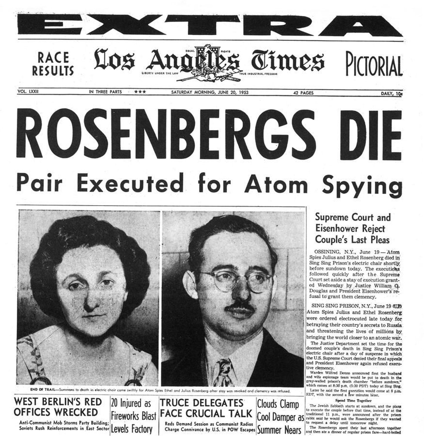 Известие о казни Розенбергов газеты всего мира поместили на первые полосы.