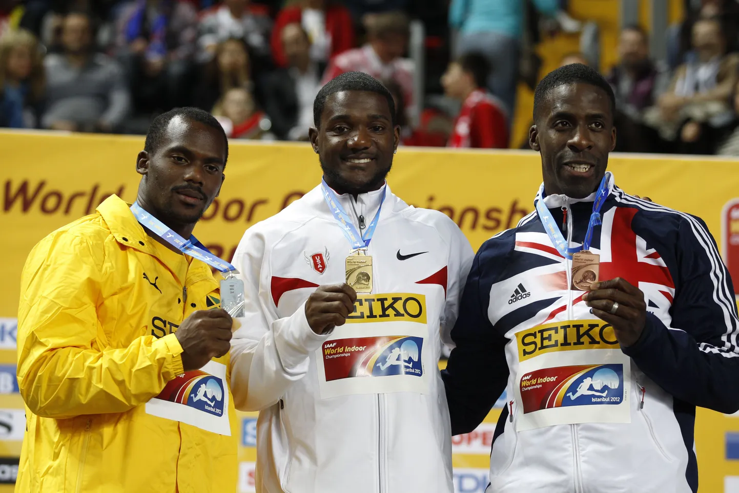 2012. aasta sise MMi medalikolmik Justin Gatlin, Nesta Carter ja Dwain Chambers.