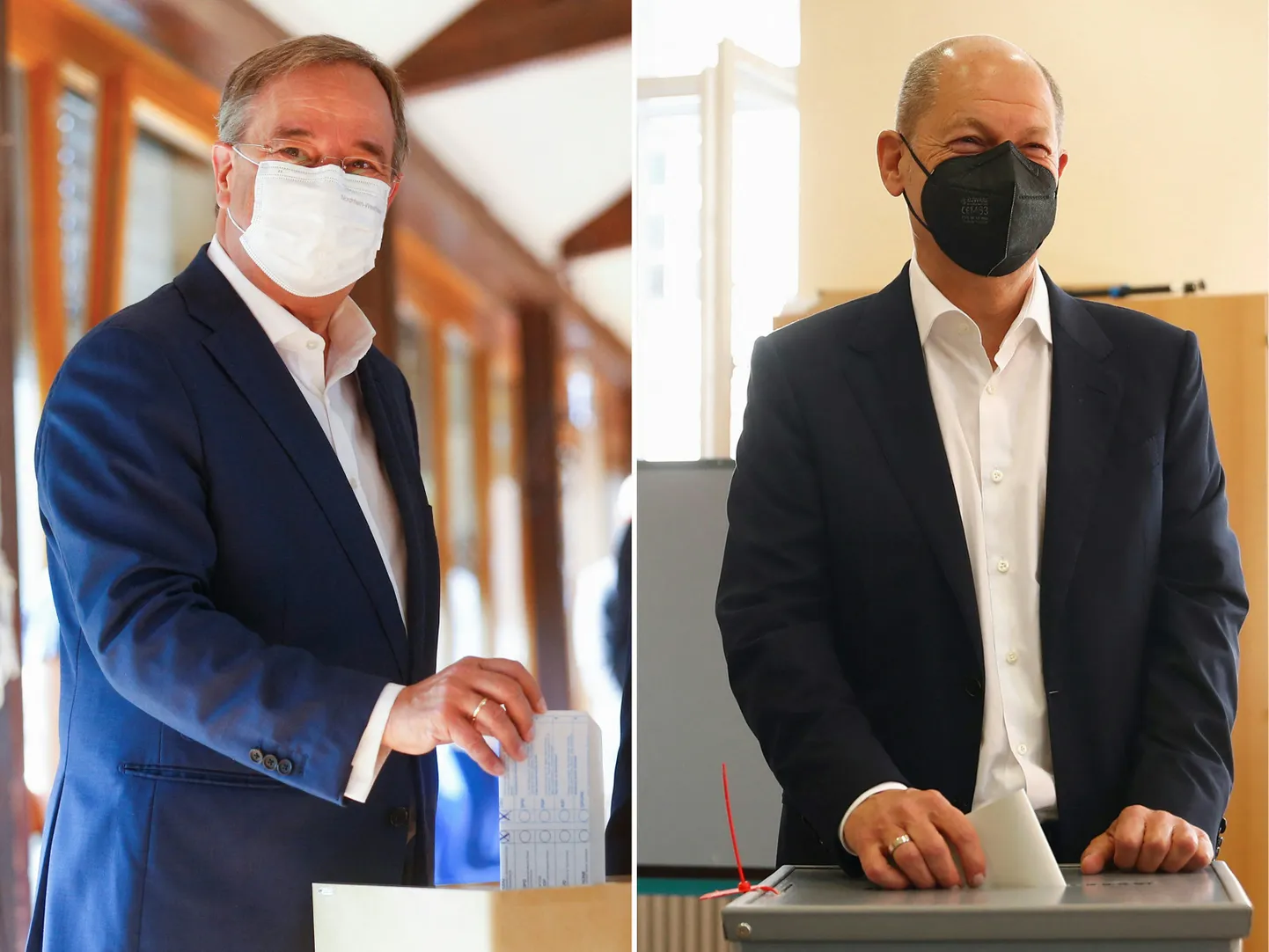 Kristlik-Demokraatliku Liidu juht Armin Laschet (vasakul) ja Sotsiaaldemokraatliku Partei kantslerikandidaat Olaf Scholz kodanikukohust täitmas.