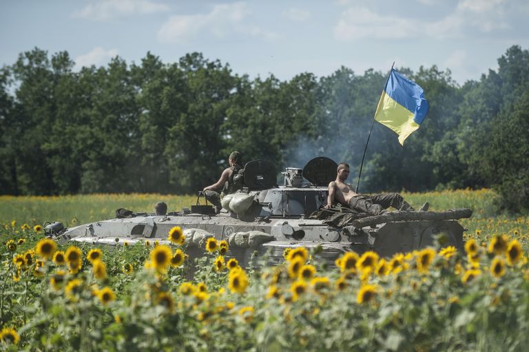 Ukraina sõdurid tanki ja Ukraina lipuga Ida-Ukrainas Krõva Lukas 5. juulil 2014. Näha on ka päevalillepõldu. Päevalill on Ukraina rahvuslill
