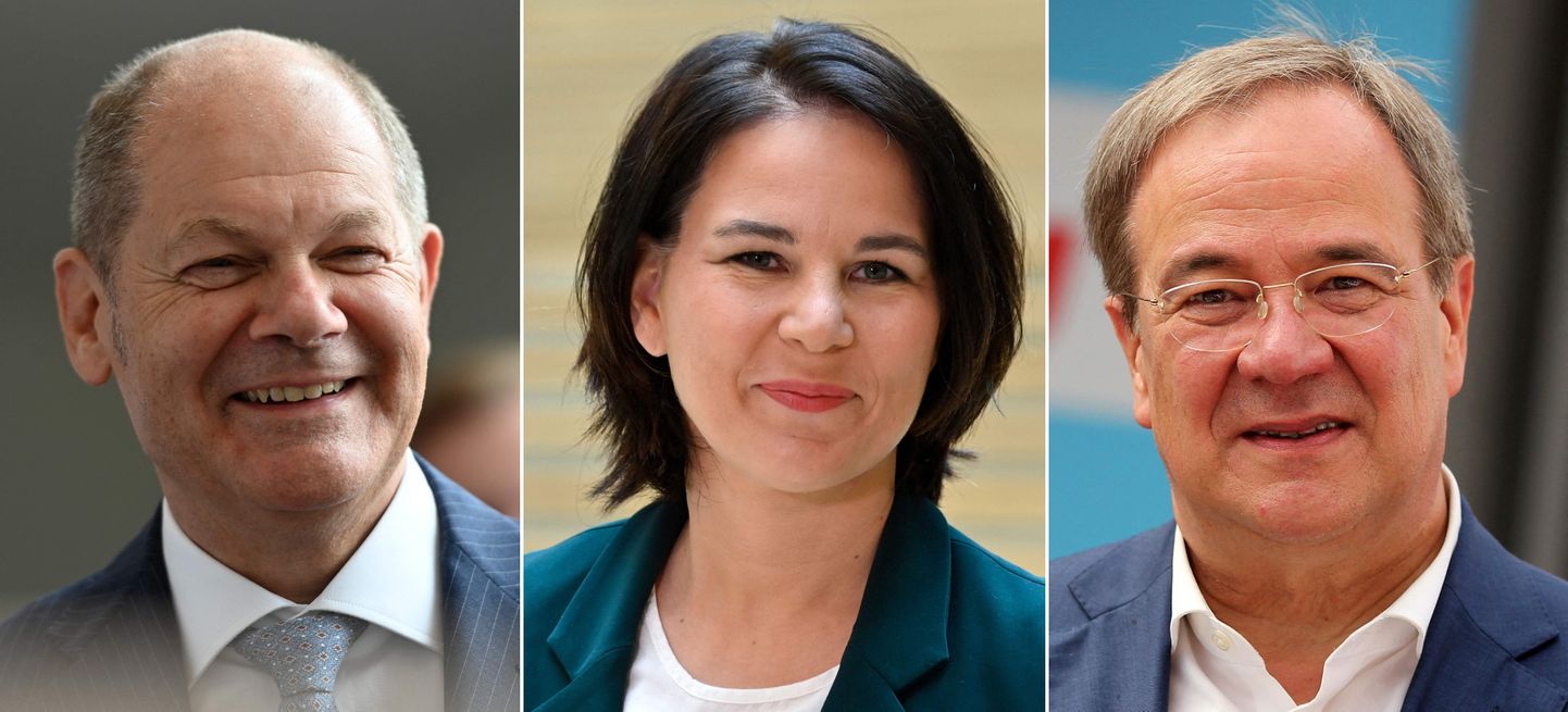 Saksa kantslerikandidaadid (vasakult paremale) - Olaf Scholz (SPD), Annalena Baerbock (rohelised) ja Armin Laschet (CDU-CSU).